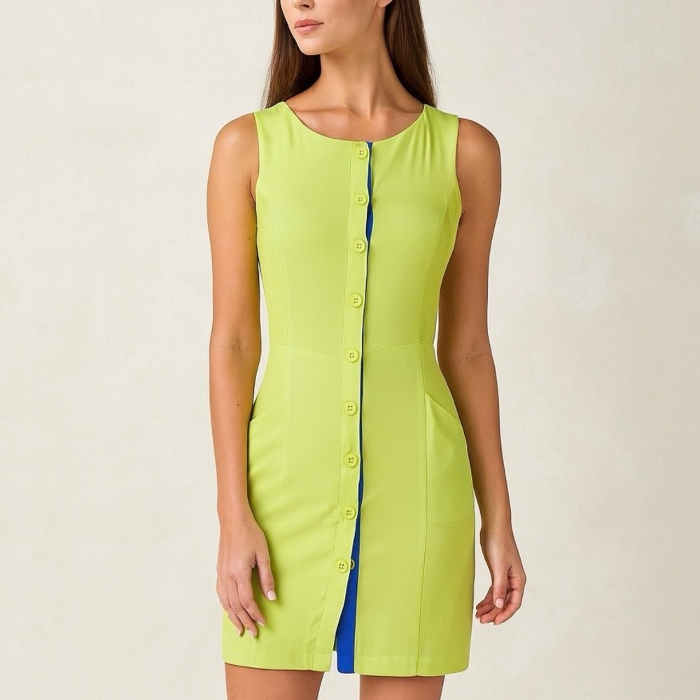 Line & Dot Silk Sheath Dress Small Chartreuse Green Blue Trim Pockets NWT